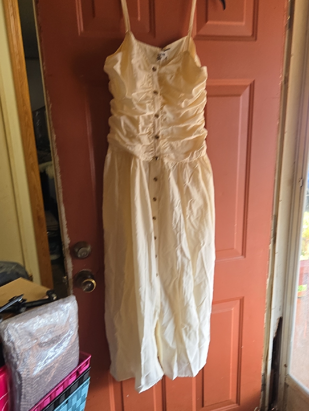 Women's Cream Midi Button-Front Dress with Ruched Bodice